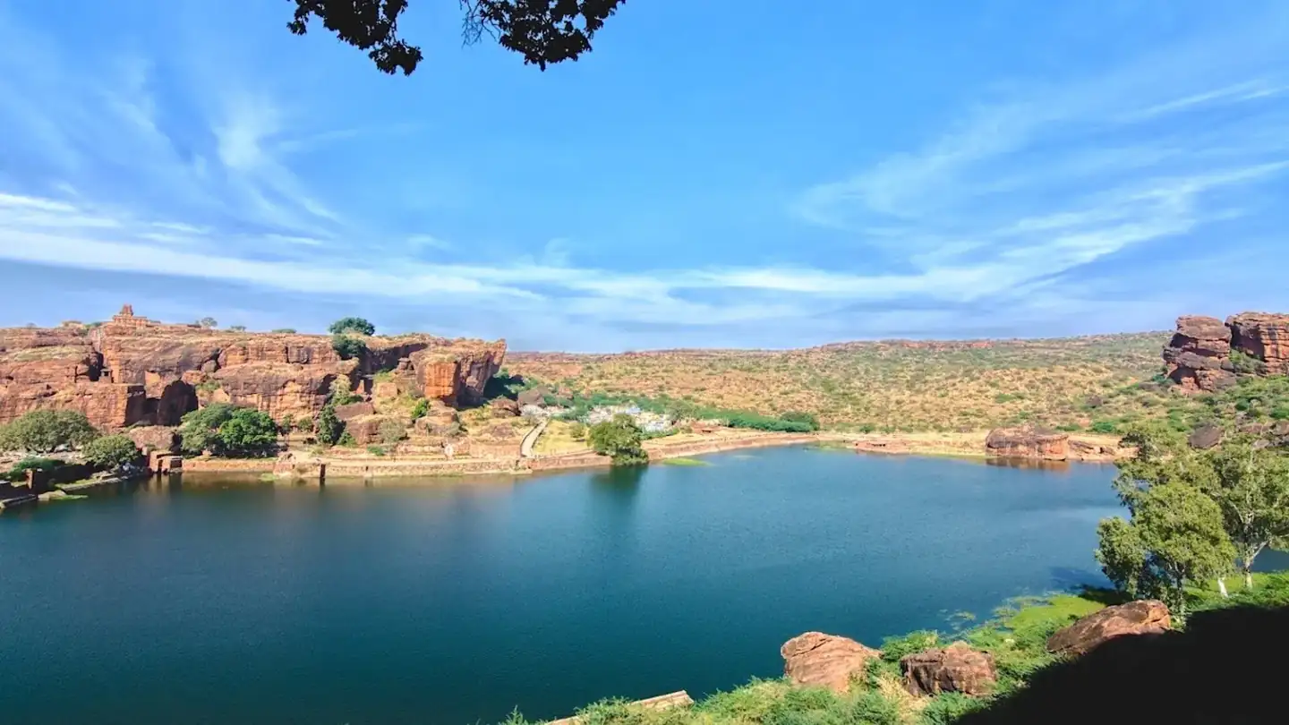 Agastya Lake near Badami Rock Cut Hindu Jain Temples in Karnataka India