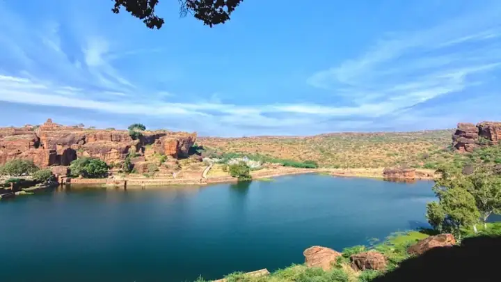 Agastya Lake near Badami Rock Cut Hindu Jain Temples in Karnataka India