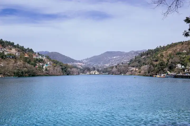 Panoramic view of Bhimtal lake from Aquarium Island Cafe by The Lake Hill
