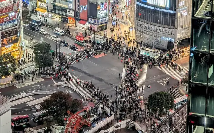 Shibuya scramble crossing during Halloween 2023, actually less crowded than usual, high police presence