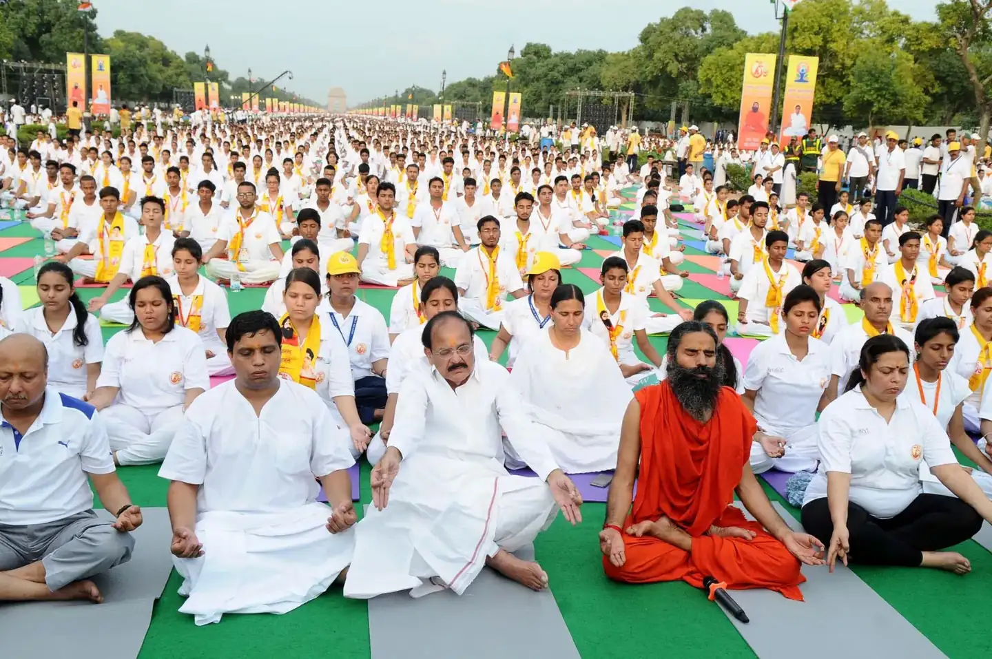 The Yoga Guru, Baba Ramdev and the Union Minister for Urban Development, Housing and Urban Poverty Alleviation and Parliamentary Affairs, Shri M. Venkaiah Naidu at a yoga camp ahead of the International Day of Yoga
