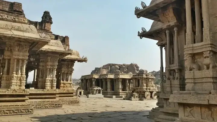 The Grand Stone chariot in the midst of Mantapas at Vittala Temple, Hampi