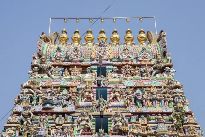 Entrance of Shri Vedapuriswarar Temple - Closeup at the top of Gopuram