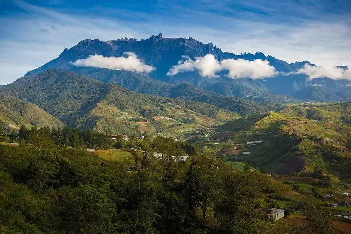 Morning view of Mount Kinabalu in Malaysia, with its peak clearly visible