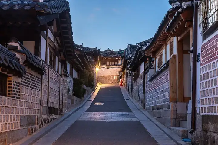 Bukchon ro street with hanok houses at blue hour in Bukchon Hanok Village Seoul