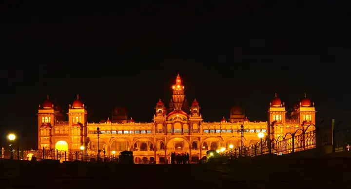 Illuminated Mysore palace at night