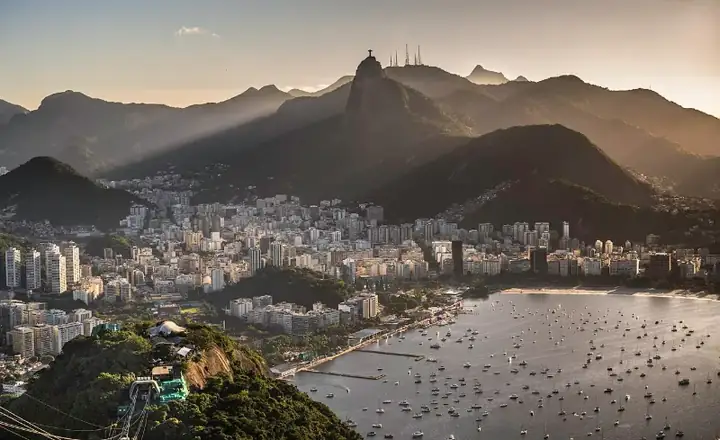 Rio de Janeiro skyline and Sugarloaf Mountain at sunset, Brazil